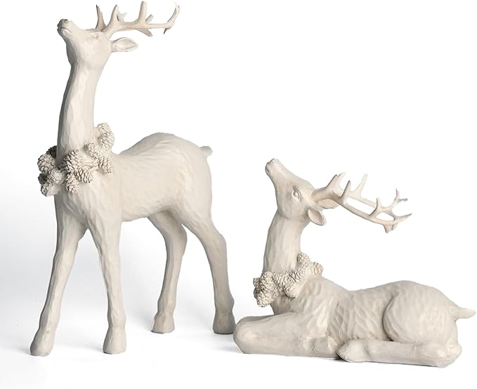 DN DECONATION 2pcs White Christmas Reindeer Statue, Indoor Reindeer Decor, Tabletop Resin Deer Figurine-Ruum Studio Home