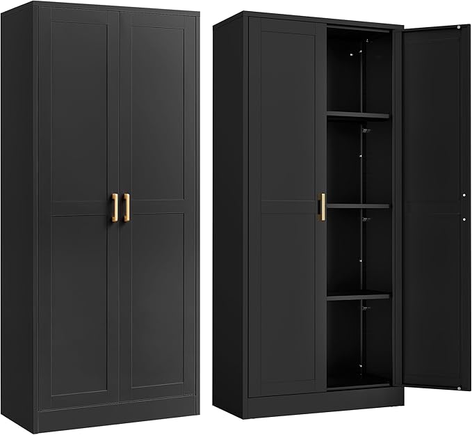 Kitchen Cabinet Storage,60”Metal Pantry Cabinet with Doors and 3 Adjustable Shelves,Food Pantry Cabinets with 2 Gold Handles,Black Tall Storage Cabinet for Livingroom,Pantry,Bathroom,Kitchen-Ruum Studio Home