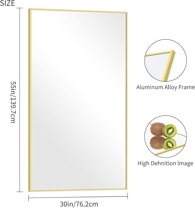 30x55In Gold Bathroom Mirror for Wall, Brushed Gold Rectangle Mirrors with Metal Frame, Bathroom Rectangular Mirror Modern Wall Mirror for Bedroom Living Room, Hangs Horizontal or Vertical-Ruum Studio Home