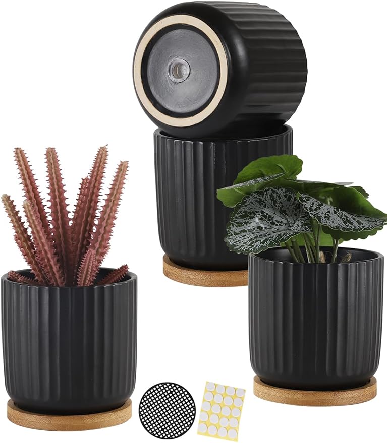 TAMAYKIM 4 Inch Small Cylinder Ceramic Plant Pots with Drainage Holes, Modern Indoor Planters with Tray for Aloe, Succulent, Snake Plants, Cactus & Herbs, Black, Set of 4-Ruum Studio Home