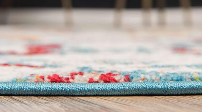 Unique Loom Rosso Collection Vintage, Geometric, Bohemian, Traditional, Distressed, Southwestern Area Rug, Round 4' 0" x 4' 0", Multi/Ivory-Ruum Studio Home