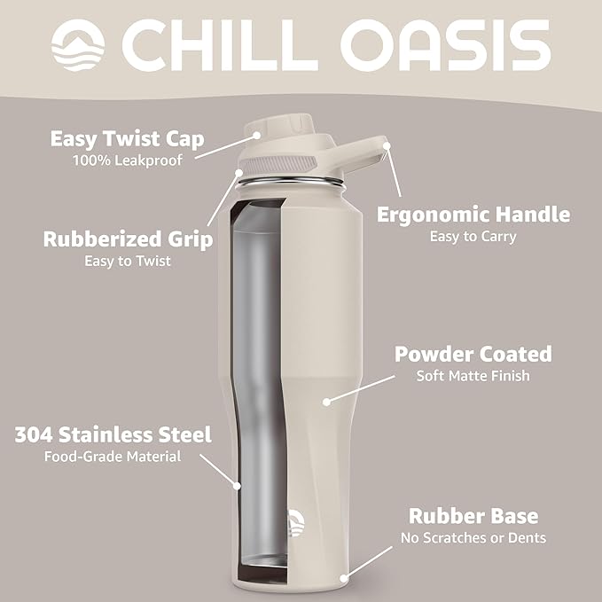 Chill Oasis Water Bottle | Compatible With Popular Flavor Cartridges | BPA Free, Leak Proof, Double-Walled Vacuum Insulated Stainless Steel, and Dishwasher Safe | Cold for 24 Hours (Beige, 32oz)-Ruum Studio Home