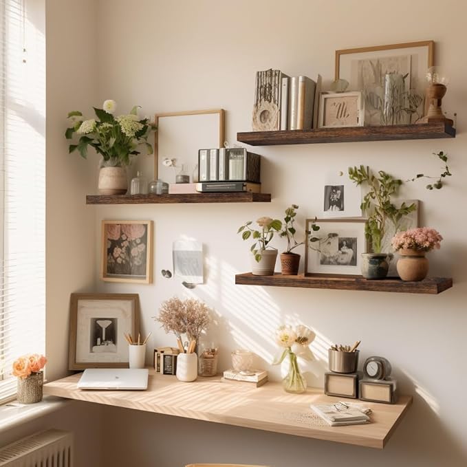 LaVie Home Floating Shelves, 24 Inch Wall Shelf Set of 2, Hanging Shelf with Invisible Brackets, Wall Decor for Bathroom, Bedroom, Living Room, Kitchen Storage, Rustic Brown-Ruum Studio Home