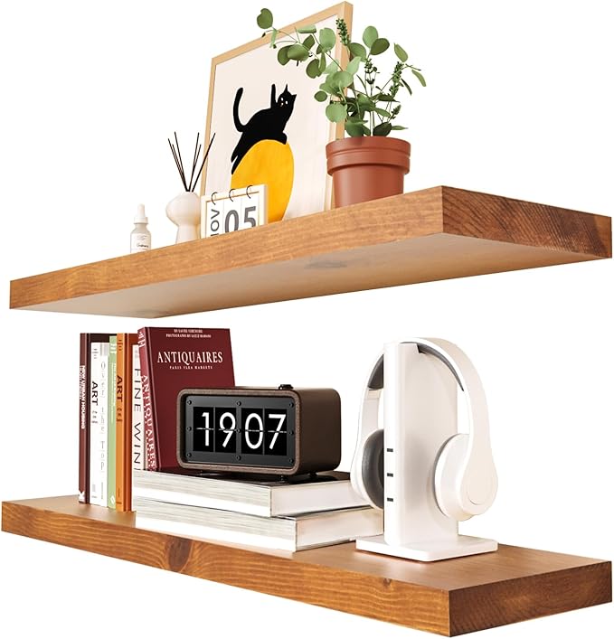Habudda Floating Shelves, Wall Shelf for Bathroom Bedroom Kitchen, Natural Pine Real Wooden Shelves, Wall Mounted, 100% Pine, Set of 2, 30 Inches Long, Honey Oak-Ruum Studio Home