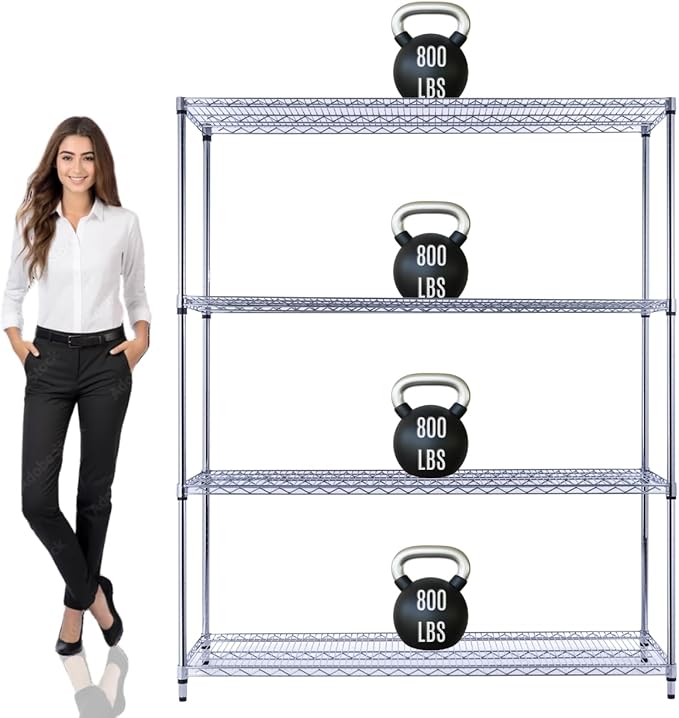 60"x18"x72" Prime Heavy Duty Chrome 4-Tier Wire Shelving NSF 3200 LBS MAX Capacity Storage Rack for Commercial, Hospital, School, Garage, and Kitchen Uses (with Wheels)-Ruum Studio Home