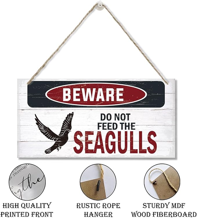 Warning Sign, Do Not Feed The Seagulls Seaside Beach Cafe Bar Metal Wall Warning Wood Plaque Sign, Funny Door Signs, Decorative Wood Hanging Suspension Plaque, Farmhouse Wooden Wall Decor-Ruum Studio Home