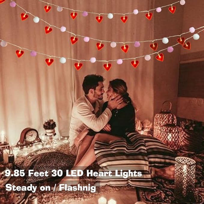 Red Heart String Lights 9.85 Ft Valentines Light with 20 LEDs 20 Pink Pom Poms Garland Lights Battery Operated with Timer Valentines Decorations for Wedding Party Valentine Decor-Ruum Studio Home