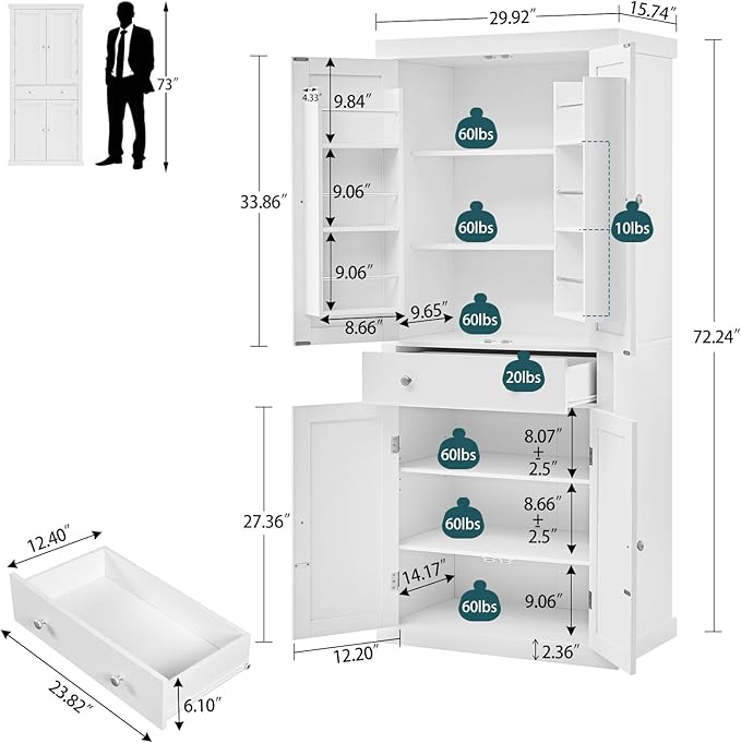 usikey 72” Pantry Cabinet, Tall Kitchen Storage Cabinet with 4 Doors and 1 Drawer, Cupboard with 6 Hanging Shelves and Adjustable Shelves for Kitchen, Dining Room, Living Room, White-Ruum Studio Home