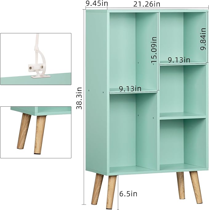 LEYAOYAO 5 Cube Bookshelf 3-Tier Bookcase with Legs,Mint Green Kids Book Shelf Cute Storage Organizer,Free Standing Open Toy Shelves Wood Bookshelves,Display Bookcases for Bedroom,Living Room,Nursery-Ruum Studio Home