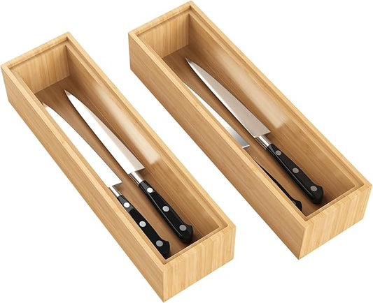 Bamboo Drawer Organizer, 2PCS Stackable Storage Boxes for Utensil Organizer, Wood Tray for kitchen, Bathroom and Bedroom 12" x 3" x 2"-Ruum Studio Home