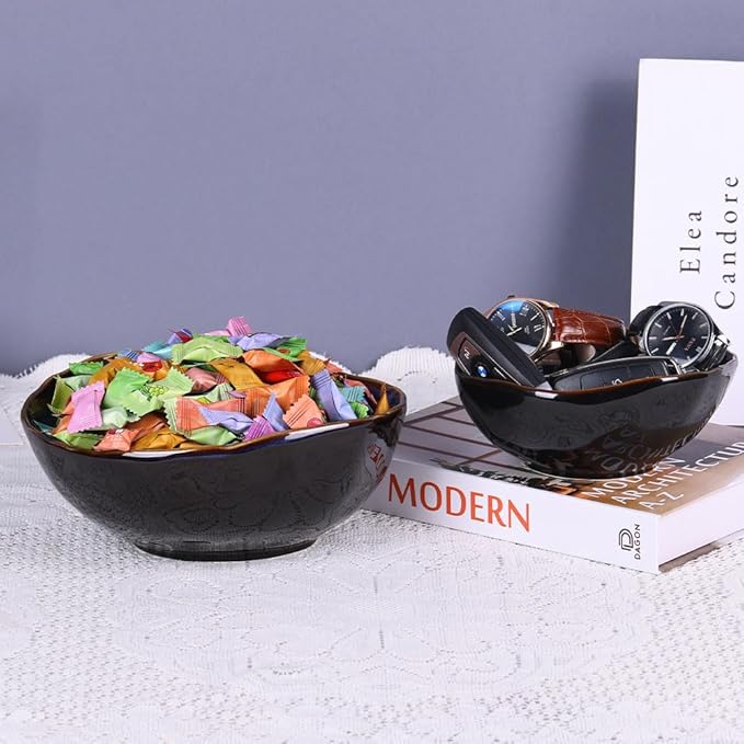 Blue Ceramic Decorative Pottery Key Bowl, Candy Dish, Salad Bowl, Small Jewelry Trinket Dish for Bedroom, Centerpiece, Bedside Table, Living Room Decor (8 inch)-Ruum Studio Home