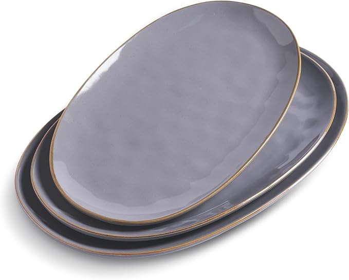 famiware Serving Platter, Oval 15.59/14.3/12.9 inch Serving Dishes for Entertaining, Serving Bowls, Microwave Safe, Fine Stonware Serving Trays for Party, Turkey, Cheese, Ocean Series, Dark Grey-Ruum Studio Home