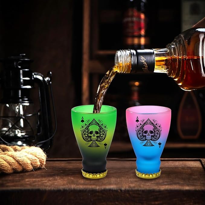 Spades Skull Pattern Glass Shot Glasses, Unique Wine Bottle Shot Glass, 43ml Shot Cups Set of 2 with Gift Box for Alcohol Shots, Vodka, Expresso, Tequila & Dessertsor, Gothic Christmas Gift-Ruum Studio Home