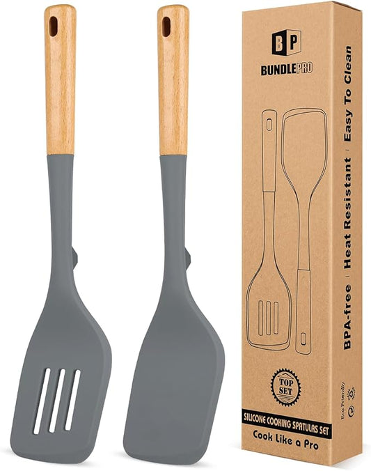 Pack of 2 Large Silicone Spatula, Heat Resistant Solid Turner, Non Stick Slotted Spatulas with Wooden Handle, Ideal Kitchen Utensils for Flipping, Pancakes, Eggs, Fish(GRAY)-Ruum Studio Home