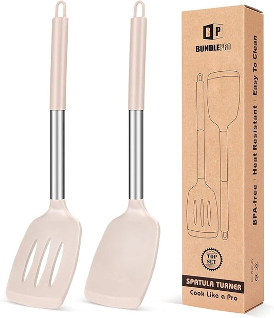 Pack of 2 Silicone Solid Turner, Non Stick Slotted Kitchen Spatulas, High Heat Resistant BPA Free Cooking Utensils, Ideal Cookware for Fish, Eggs, Pancakes(Stainless Steel Khaki)-Ruum Studio Home