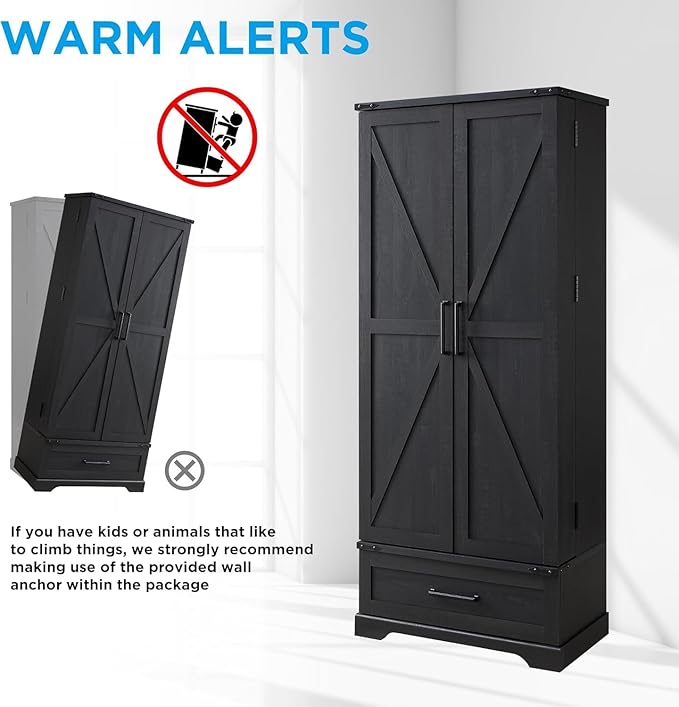 72" Farmhouse Kitchen Pantry Cabinet with Drawer, Tall Storage Cabinet with 2 Barn Doors and Shelves, Versatile Large Rustic Storage for Dining Room, Bathroom, Living Room, Black-Ruum Studio Home