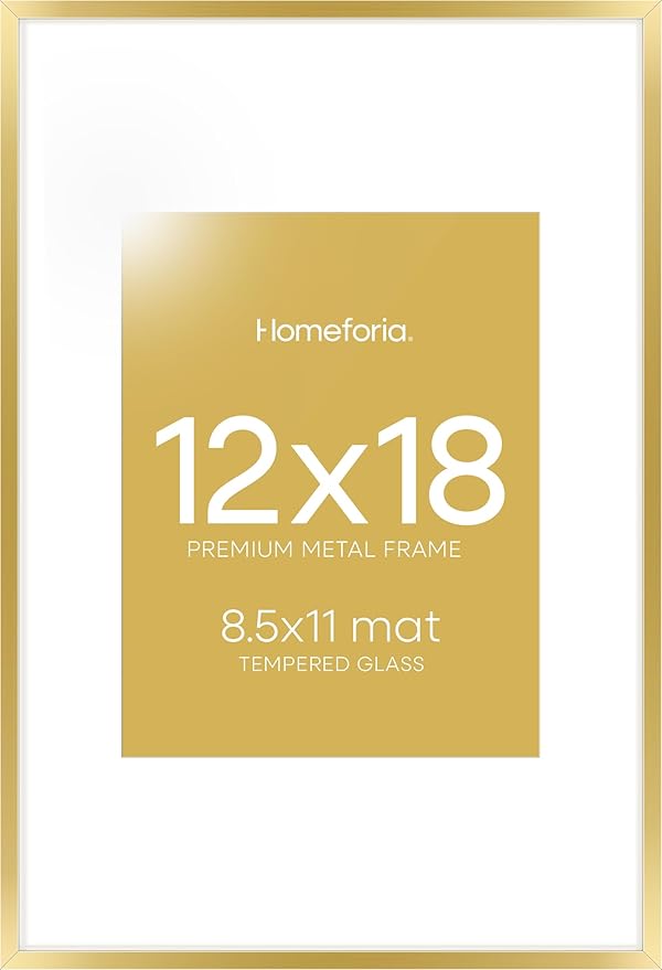 Homeforia 12x18 Picture Frame Gold, High End Metal 12x18 Poster Frames with Mat 8.5x11 Photo, 12 x 18 Gold Frame Matted to 8.5 by 11 Print, 18x12 Thin Hanging Frame, Tempered Glass, Wall Kit, Set of 1-Ruum Studio Home