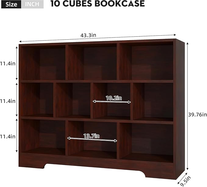 Book Shelf Set of 2, 10 Cubes Storage Organizer, 3-Tier Open Bookshelf Wooden Bookcase, Freestanding Cherry Bookshelf Cube Shelf for Living Room-Ruum Studio Home
