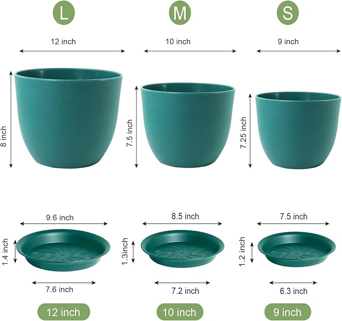 Large Flower Pots 12/10/9 inch, Set of 3 Modern Decorative Plastic Planters with Drainage Holes and Saucers for House Plants, Plant Pots for Indoor Outdoor Plants, Blue Green-Ruum Studio Home