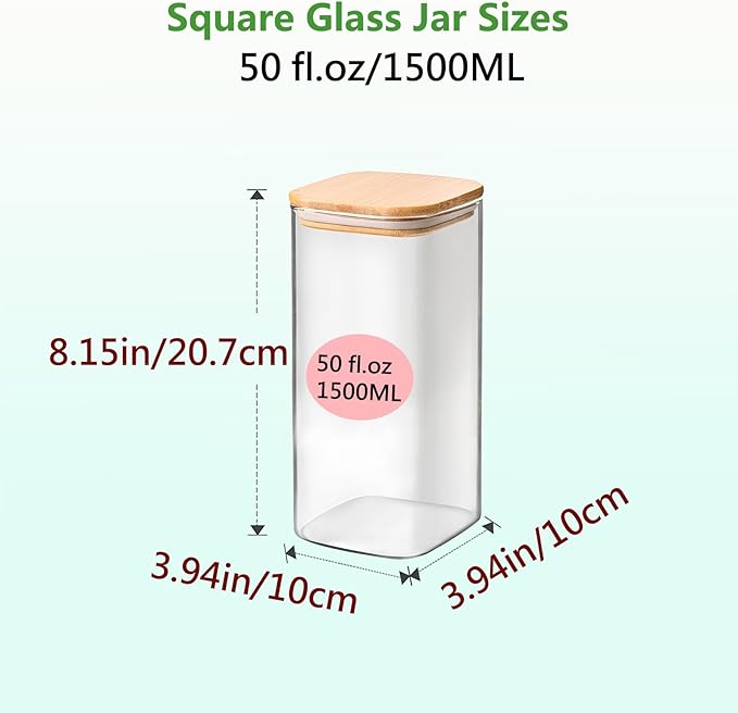 Square Glass Jars Canister with Wood Lid 50 FL OZ [Set of 3], Container Jar with Sealing, Lids for Oat Pasta Flour Cereal Rice Sugar Tea Coffee Beans, Best for Kitchen & Pantry-Ruum Studio Home