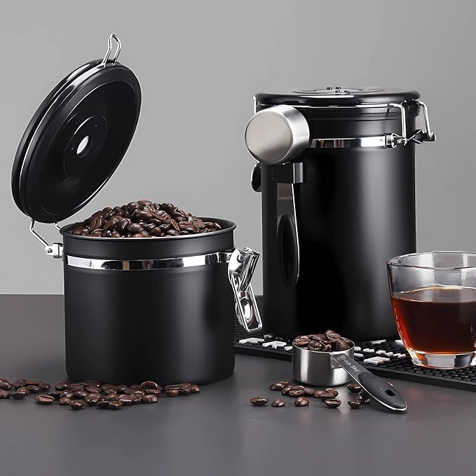 ShanSon Coffee Canister Airtight Coffee Container Stainless Steel Coffee Bean Storage Container with Scoop Coffee Canister for Beans Grounds Sugar Flour Tea Cereal,22OZ, Black-Ruum Studio Home