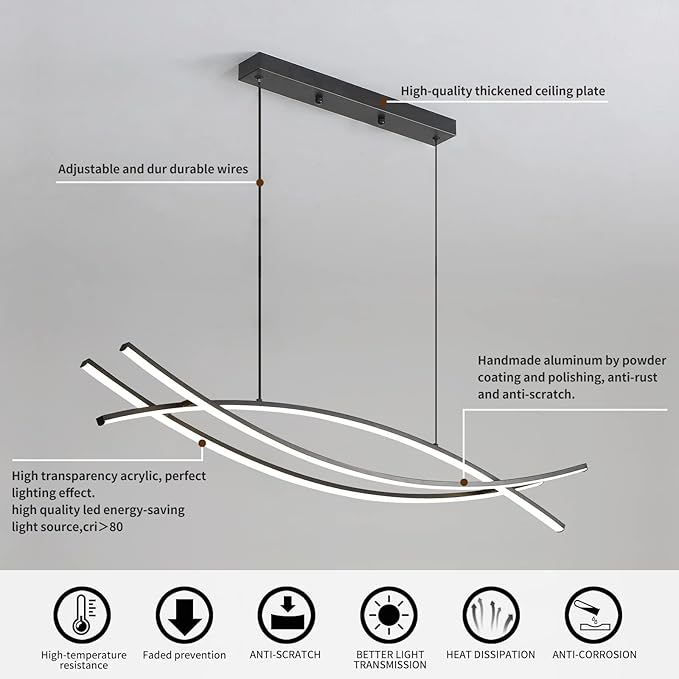 Modern Chandelier, Linear Pendant Light LED Dimmable Hanging Light Fixture, 3000K-6500K with Remote Control (Black, 47IN)-Ruum Studio Home
