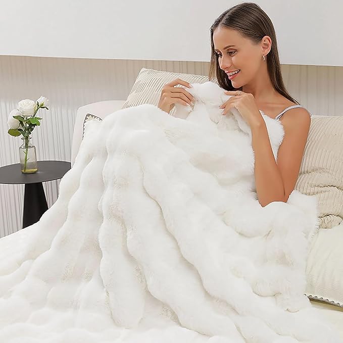 UKELER White Faux Fur Throw Blanket Large Super Soft Fluffy Bed Blankets Throws for Bedroom, Living Room, Couch, Sofa, Office, Camping Plush Furry Blanket 60''x80''-Ruum Studio Home
