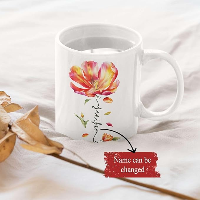 Personalized Flower Blossom Decorative Mug, Custom Name On Flower Coffee Cup, Novelty Floral Accent Mug 11oz 15oz, Customized Flower Lover Ceramic Cup, Gift For Friend Coworker-Ruum Studio Home
