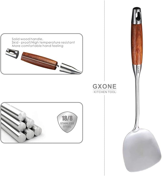 Chinese Wok Spatula, 304 Stainless Steel Spatula with Heat Resistant Wooden Handle Wok Utensils,Silver/15.7Inch-Ruum Studio Home