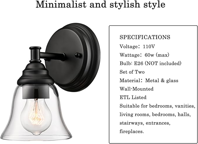 Moder 1-Light Black Wall Sconce Clear Glass Bell Shape Light Fixtures for Farmhouse, Bathroom, Living Room, Stairway Set of 2-Ruum Studio Home