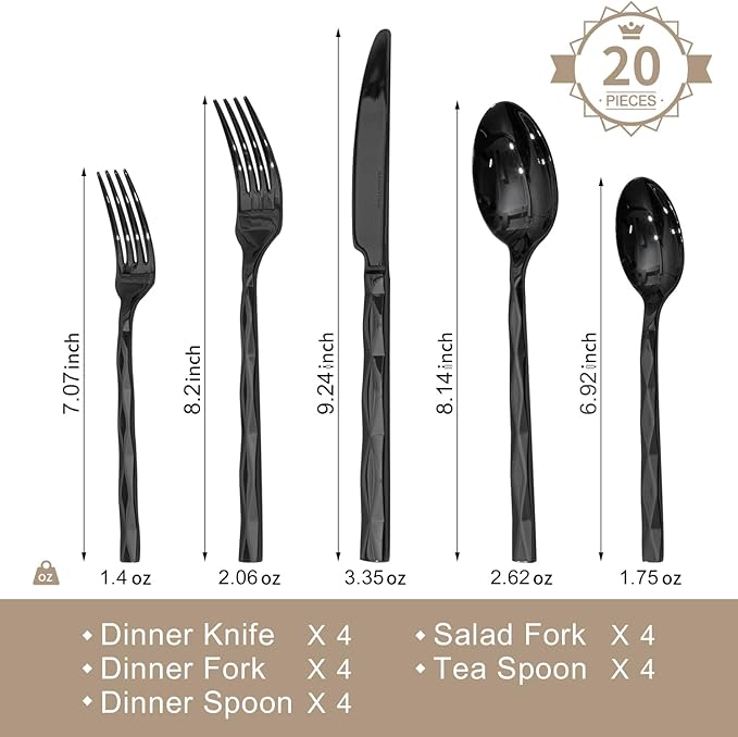 KINGSTONE Black Silverware Set, Luxury 20 Piece Flatware Set for 4, 18/10 Stainless Steel Cutlery Set with Diamond Cut Pattern for Kitchen, Home, Wedding, Party, Mirror Polished and Dishwasher Safe-Ruum Studio Home