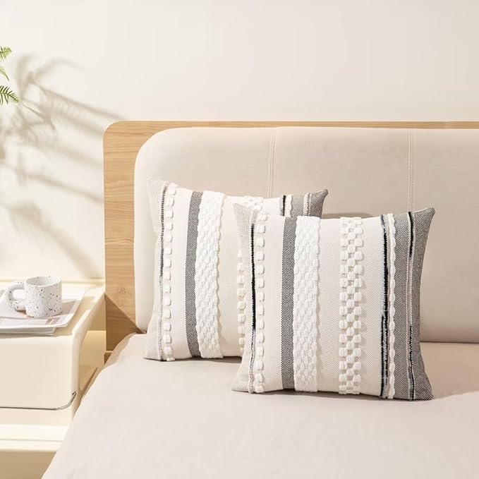 Boho Throw Pillow Covers 18x18 Set of 2 Farmhouse Decorative Cushion Case Striped Square Pillows Cover Chenille Pillow Cases Accent Neutral Pillowcase for Sofa Couch Bed,White-Ruum Studio Home