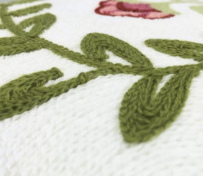 Alysheer Floral Embroidered Summer Decorative Throw Pillow Covers 18"x 18" Set of 2, Farmhouse Cottage Pink Flowers Green Leaves Knit Pattern Cotton Canvas Cushion Case for Sofa Couch Bed Living Room-Ruum Studio Home