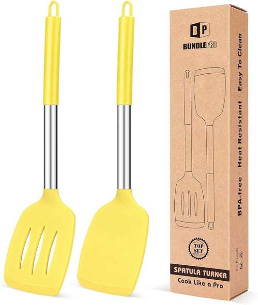 Pack of 2 Silicone Solid Turner, Non Stick Slotted Kitchen Spatulas, High Heat Resistant BPA Free Cooking Utensils, Ideal Cookware for Fish, Eggs, Pancakes(Yellow)-Ruum Studio Home