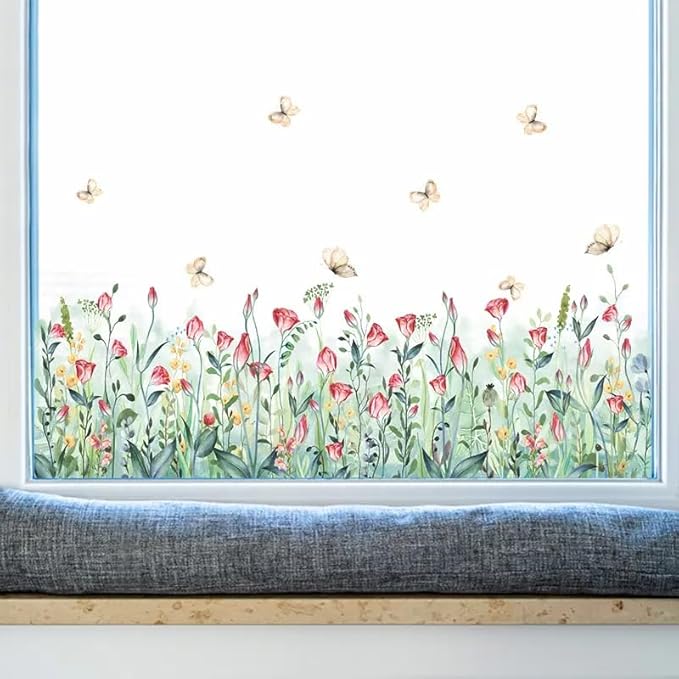 Set of 28x20 Inch Size Hello Spring Summer Window Cling Sticker Tulip, Flower and Butterfly Window Stickers, Spring and Summer Decor, Home, Shop, Party Window Glass Display Stickers (Floral)-Ruum Studio Home
