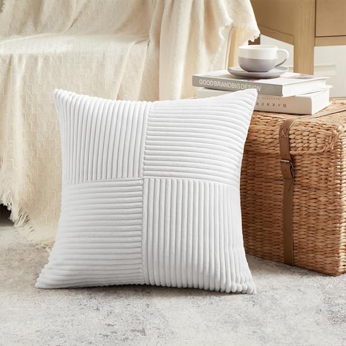 Fancy Homi 2 Packs White Euro Decorative Throw Pillow Covers 26x26 Inch for Living Room Couch Bed, Rustic Farmhouse Boho Home Decor, Soft Corss Corduroy Patchwork Textured Square Cushion Case 66x66 cm-Ruum Studio Home