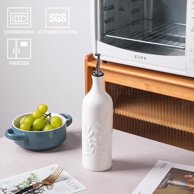 Sweejar Large Ceramic Olive Oil Dispenser Bottle, 24 Oz Relief Opaque Oil Cruet Protects Oil To Reduce Oxidation, Storage Oil, Vinegar, Soy Sauce, Coffee Syrup, Liquids, Set of 1 (White)-Ruum Studio Home