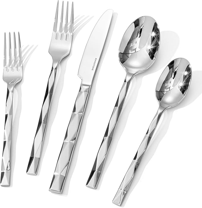 KINGSTONE Silverware Set, Luxury 30 Piece Flatware Set for 6, 18/10 Stainless Steel Cutlery Set with Diamond Cut Pattern for Kitchen, Home, Wedding, Party, Mirror Polished and Dishwasher Safe-Ruum Studio Home