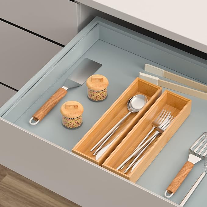 Silverware Tray for Drawer, Stackable Kitchen Bamboo Drawer Organizer 12" x 3" x 2" Set of 2-Ruum Studio Home