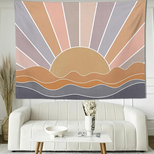 keowhsf Boho Sun Mountain Tapestry Wall Hanging - Retro 70s Vintage Rainbow Sunrise Sunset Design, Abstract Geometric Hippie Art Tapestry for Bedroom, Living Room & Dorm Decor-Ruum Studio Home