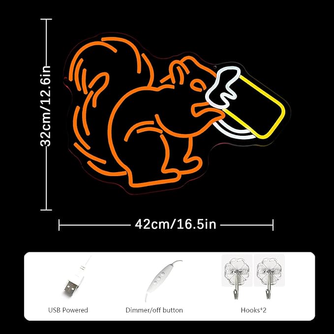 Squirrel Beer Neon Sign for Wall Decor Bar Neon Light Orange Squirrel Drinking Wine Led Light Animal LED Sign Dimmable LED Neon Light for Bar Bedroom Kidsroom Business Game Room-Ruum Studio Home
