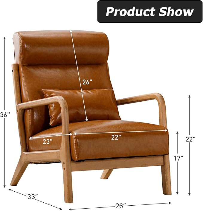 INZOY Mid Century Modern Accent Chair Set of 2, High Back Reading Armchair with Wood Frame, PU Leather Living Room Chairs with Waist Cushion, Single Lounge Arm Chair for Bedroom Sunroom, Camel-Ruum Studio Home