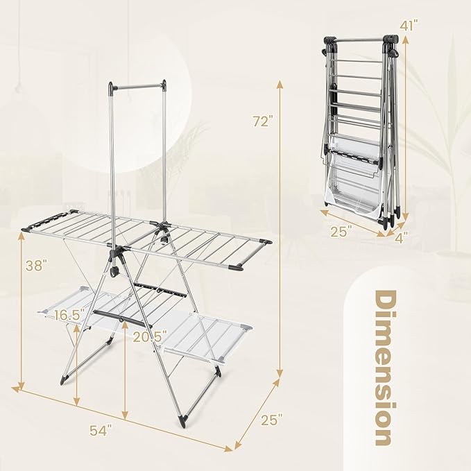 Tangkula Foldable Clothes Drying Rack, 2-Tier Laundry Drying Rack w/Tall Hanging Bar, Height Adjustable Gullwing, Freestanding Garment Stand for Indoor Outdoor Use-Ruum Studio Home