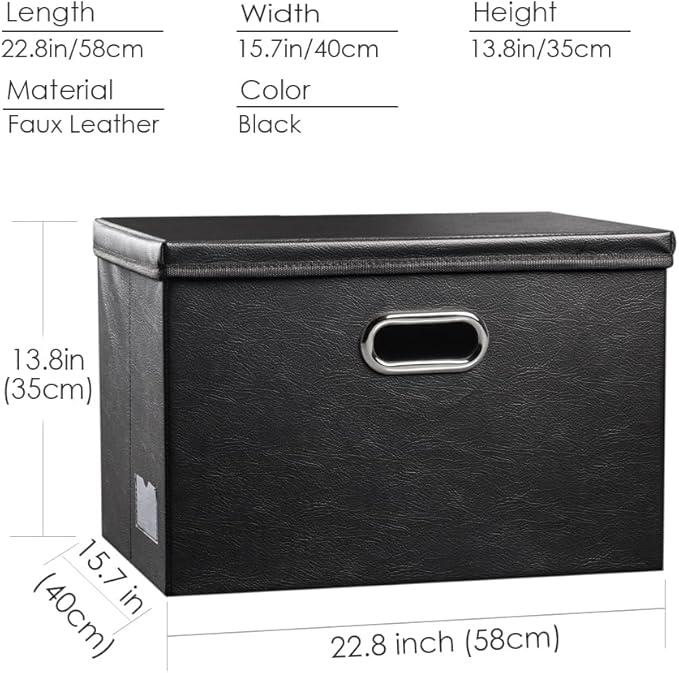 PRANDOM Extra Stackable Storage Bins with Lids [3-Pack] Leather Fabric Foldable Storage Boxes Organizer Containers Baskets Cube with Cover for Bedroom Closet Office Nursery Black (22.8x15.7x13.8)-Ruum Studio Home