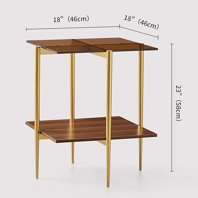 Glass End Table, Mid-Century Modern Design Sofa Table, L41 x W21 x H17, for Living Room, 2-Tier Structure, Clear Glass Top and Walnut MDF Shelf, Sleek Conical Metal Legs with Gold Finish Frame-Ruum Studio Home