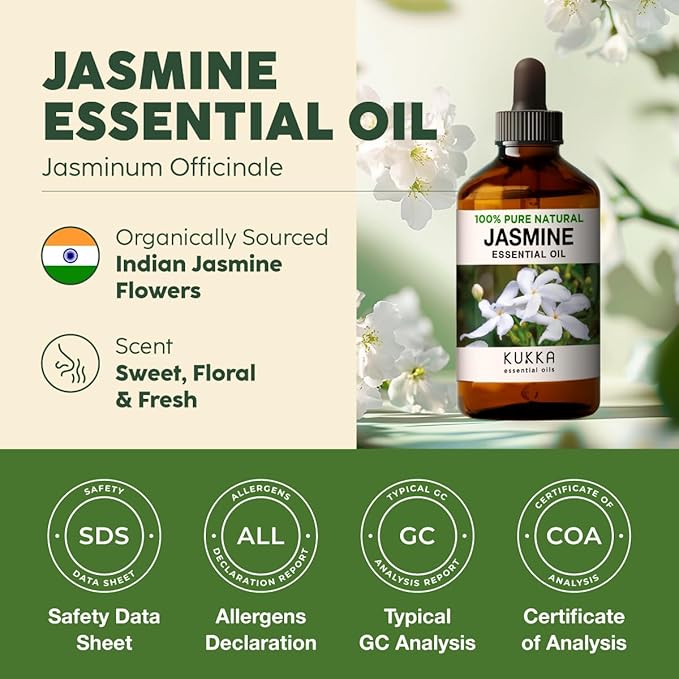 Kukka Jasmine Essential Oil for Diffuser - 4 Fl Oz - 100% Pure Natural Jasmine Oil for Skin, Hair & Soap Making Scents - A Great Relaxing Floral Addition for Hair Care & Perfume-Ruum Studio Home