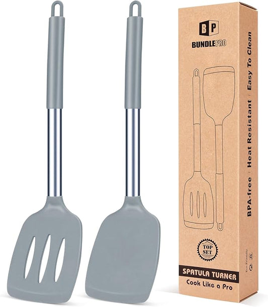 Pack of 2 Silicone Solid Turner, Non Stick Slotted Kitchen Spatulas, High Heat Resistant BPA Free Cooking Utensils, Ideal Cookware for Fish, Eggs, Pancakes(Gray)-Ruum Studio Home