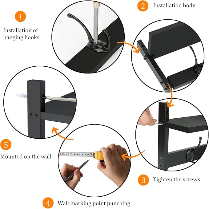 BAMEOS Wall-Mounted Shelf with Hooks - 28.9 Inch Entryway Hanging Shelf with 5 Dual Hooks for Bathroom, Living Room, Bedroom (Black)-Ruum Studio Home