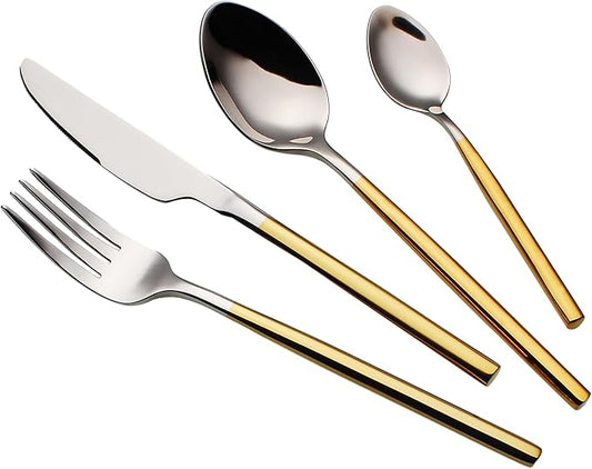 24 Piece Silverware Set For 6 Gold Handle Heavy duty 18/10 Stainless Steel Flatware Set Modern Design Knife/Fork/Spoon Mirror Polished Dishwasher Safe Cutlery Set with Gifts-Ruum Studio Home