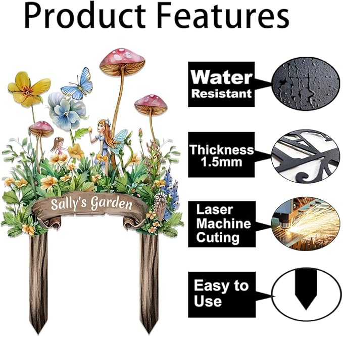 Personalized Cute Fairy Metal Sign with Stake,Custom Gardener Family Name Signs Outdoor Decor,Customized Butterfly Gardening Gifts for Mother,Flowers Plaques Decorate for Garden Patio Lawn Porch Yard-Ruum Studio Home